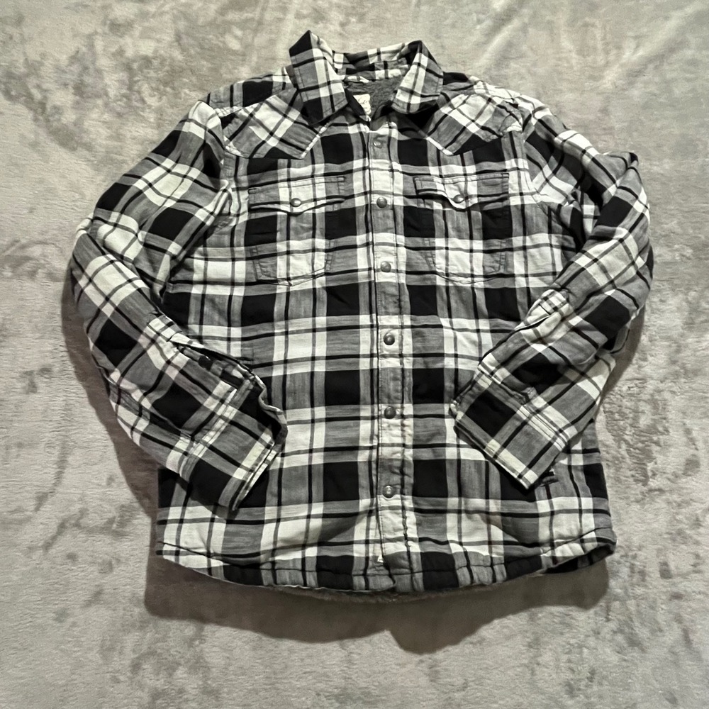 Lucky Brand Flannel Shirt Jacket Mens M Black White Plaid Sherpa Lined 7MD3411